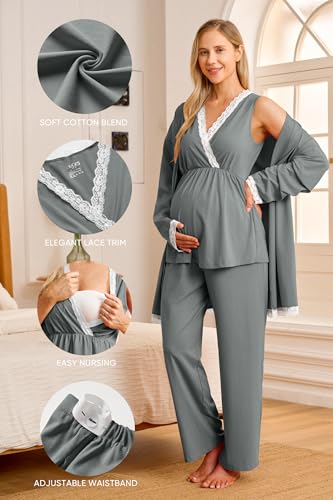OUGES Womens Cotton Blend Maternity Nursing Robe Set 3 PCS Postpartum 3 in 1 Labor Delivery Hospital Pjs Tank Top & Pants - color: Dark Grey, size: Small