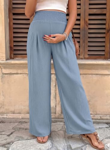 BLENCOT Women's Maternity Pants Smocked Palazzo Pregnancy Trousers - color: Myosotis, size: Small
