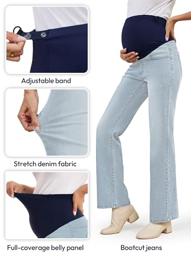 SEVEGO Women's 29"/31"/33"/35" Maternity Bootcut Jeans Over the Belly Pregnancy Flare Stretch Denim Pants Pockets Comfy - color: Light Blue, size: Medium