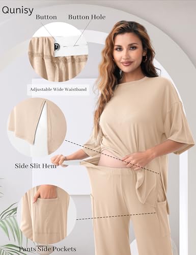 Maternity Lounge Set, 2 Piece Matching Set with Wide Leg Pants - color: Apricot, size: X-Large
