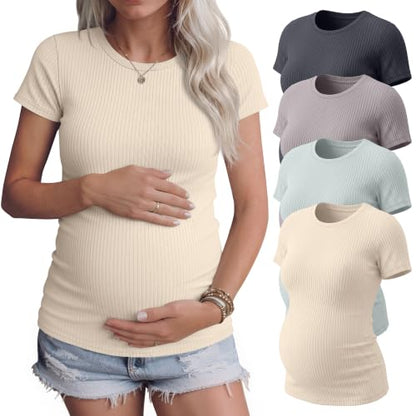 4 Pack Womens Maternity Shirts Work Tees - color: Apricot, Light Blue, Dove Gray, Midnight Blue, size: Medium