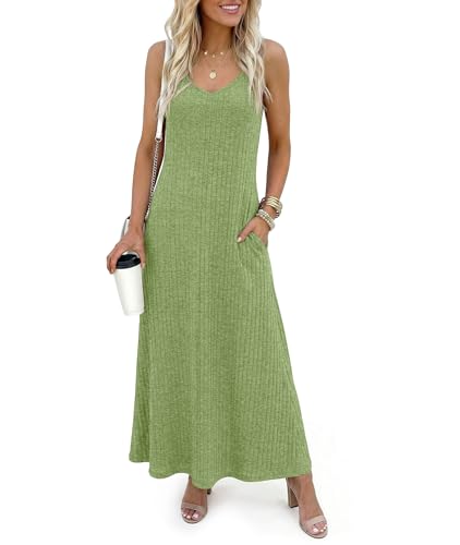LILBETTER Women's Summer Maxi Dress Casual Flowy Spaghetti Strap Beach Long Dresses with Pockets - color: Green, size: X-Large