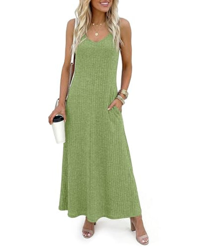 LILBETTER Women's Summer Maxi Dress Casual Flowy Spaghetti Strap Beach Long Dresses with Pockets - color: Green, size: X-Large
