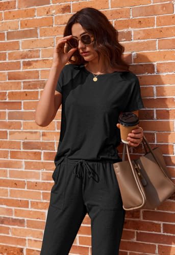 Ekouaer 2 Pack Womens Pajama Short Sleeve Jogger Pants Pjs Lounge Set - color: Black and Navy Bule, size: Medium
