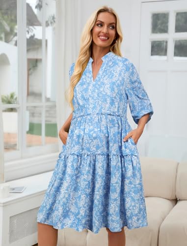 Angashion Women's Maternity Nursing Dress: V-Neck Hidden Zipper Pockets - color: Blue&white Floral, size: Medium