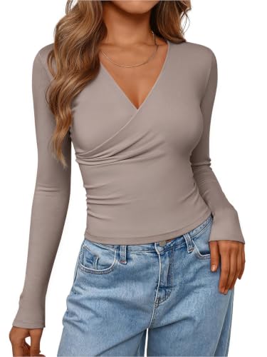 PINKMSTYLE Womens Long Sleeve Wrap V Neck Tops Ruched Dressy Shirts Blouse - color: Khaki, size: Medium
