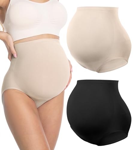 HOFISH Seamless Over-Bump Maternity Underwear, High-Waisted Panties - color: Black+beige, size: X-Large