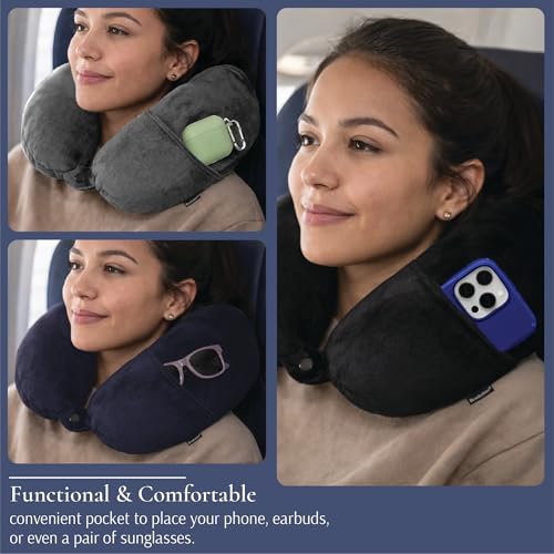Brookstone Microbead Neck Pillow Soft Travel Pillow with Phone Pocket - color: Dark Grey
