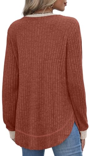 OFEEFAN Womens Sweaters Crew Neck Tunic Tops Long Sleeve Shirts Curved Hem - color: B-caramel Color Block, size: Small