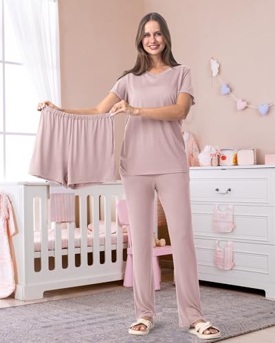 Rnxrbb 3 Piece Maternity Nursing Pajamas Set for Women Postpartum Pjs - color: Dusty Pink, size: X-Large