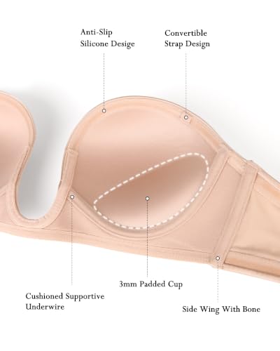 HACI Plunge Deep U Strapless Bra Push Up Demi Everyday Seamless Underwire - color: Beige, size: 36C