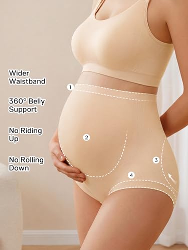 OUGES Women’s Modal 3 Pack Seamless Maternity Underwear Over Belly Stretchy High Waist Soft Pregnancy Postpartum Panties - color: Nude+nude+pink, size: Large