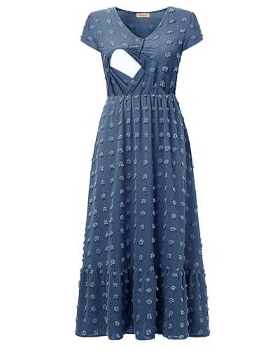 CzzzyL Women Nursing Dresses Cap Short Sleeve V Neck Swiss Dot with Pockets - color: Blue, size: Medium