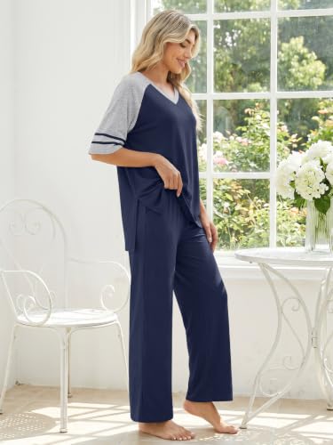 Anyhold Lounge Sets for Women Fall Pajamas Set 2 Piece Outfits - color: Navy Blue, size: Small