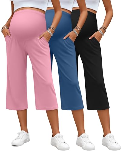3 Pack Women's Maternity Capris - color: Black, Denim Blue, Pink, size: Large