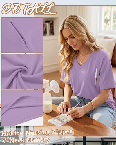 4 Pack Women's Nursing Short Sleeve Shirts - color: Light Purple, Light Green, Light Gray, Black, size: Small