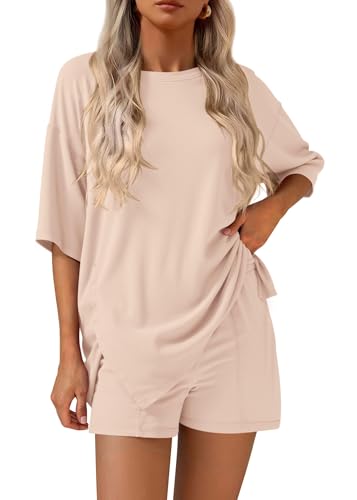 KIRUNDO 2 Piece Sets for Women Summer Lounge Sets Casual - color: Beige, size: Small