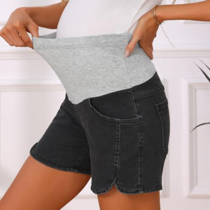 Maternity Jeans Shorts Stretchy Over Belly with Pockets - color: Light Gray, size: XX-Large
