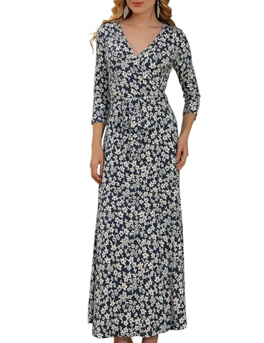 Aphratti Womens 3/4 Sleeve V Neck Faux Wrap Maxi Dress Summer Casual Beach - color: Blue/White Floral, size: X-Large