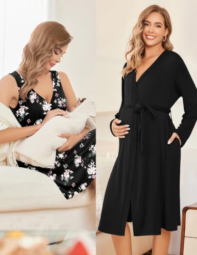 Ekouaer Maternity Nursing Gown and Robe Set Labor Delivery Nightgowns - color: Black Pink Flower, size: Medium