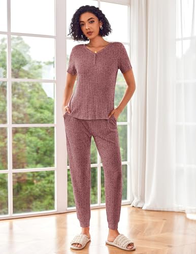 Ekouaer Pajama Sets for Womens 2 Piece Jogger Pants Lounge Set - color: Wine Red, size: X-Large