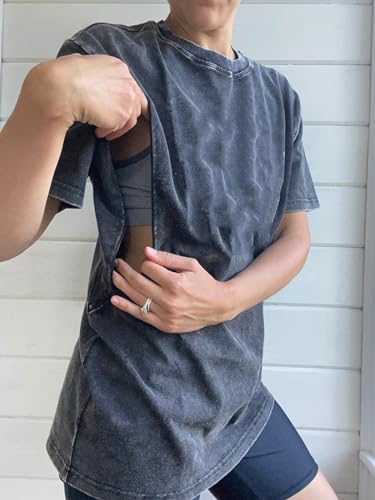 Comfort Breastfeeding Shirts Women Distressed Maternity Zip Nursing Tees - color: Gray 2, size: Large