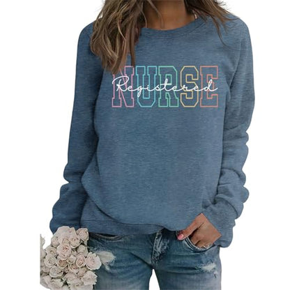 Registered Nurse Sweatshirt Women RN Nurse Long Sleeve Graphic Shirts - color: Blue, size: Large