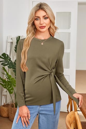 OUGES Women's Bow Tie Waist Maternity Shirts Long Sleeve Pregnancy Tops Crew Neck Fall Winter Elegant Business Blouse - color: Green, size: Large