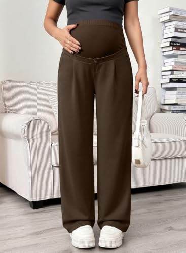 BLENCOT Maternity Pants Over Belly Stretchy Wide Leg Work Trousers - color: Brown, size: XX-Large