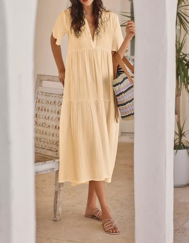 R.Vivimos Womens Summer Cotton Casual Flowy Maxi Dress - color: Beige, size: Small