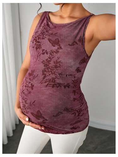 RoseSeek Women's Maternity Tank Tops Botanical Print Tie Back Tops Crew Neck Elegant Slim Fit Top - size: Small