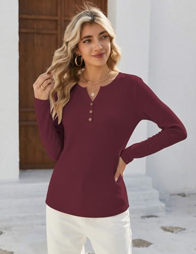 Zeagoo Women's Long Sleeve Waffle Knit Tops 2026 Fall Henley V Neck Shirts - color: Dark Red, size: Small