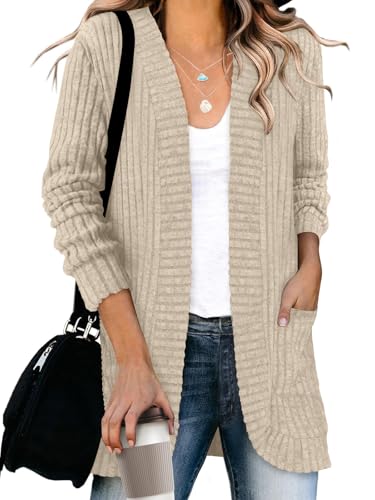 DB MOON Womens Long Cardigan Sweater Lightweight Open Front Long Sleeve Outfits with Pockets - color: Beige, size: Medium