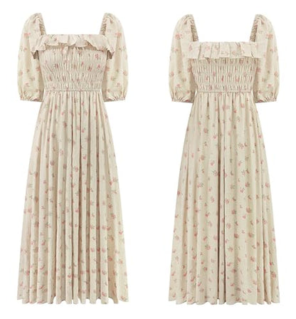 R.Vivimos Women Summer Cotton A Line Flowy Long Dresses - color: Beige#1-floral, size: Medium