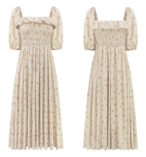 R.Vivimos Women Summer Cotton A Line Flowy Long Dresses - color: Beige#1-floral, size: Medium