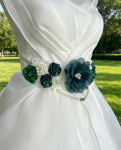 Handmade Baby Shower Sash Pearls Maternity Sash Flower Belt - color: Hunter