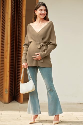 OUGES Womens Soft Cotton Blend Maternity Sweater Wrap V Neck Long Sleeve V Back Fall Shirts Pregnancy Outfits with Belt - color: Coffee, size: XX-Large