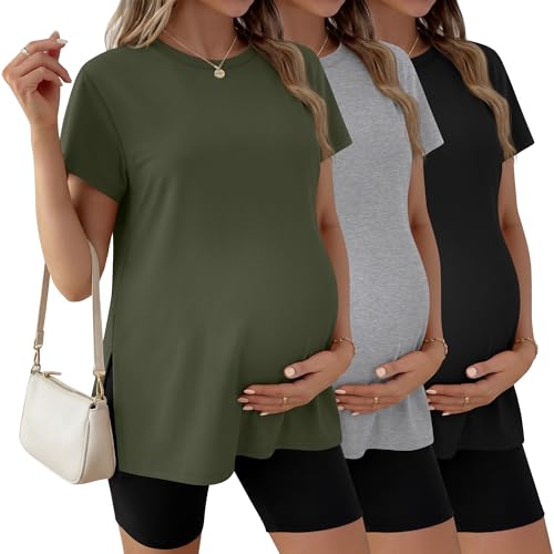 Ficerd 3 Pack Women's Maternity T Shirts - color: Black, Light Gray, Army Green, size: Small