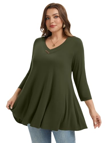 LARACE Plus Size Tunic Womens 3/4 Sleeve Tops V Neck Swing Loose Blouses - color: Army Green, size: Large