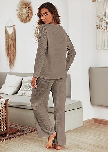 Ekouaer Waffle Knit Pajama Sets Comfy Lounge Sets 2 Piece Matching Pj Sets - color: Brown, size: Large