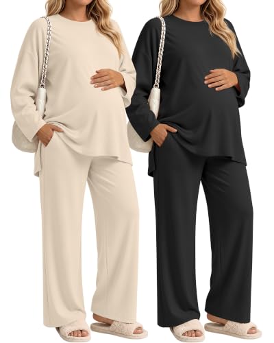 Huukeay 2 Pack Maternity Long Sleeve Pajamas Sets - color: Apricot, Black, size: Medium