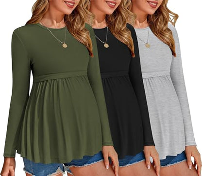 Ekouaer Maternity Shirts 3 Pack Pleated Long Sleeve Tops Pregnancy Clothes - color: Black/Green/Light Grey, size: Large