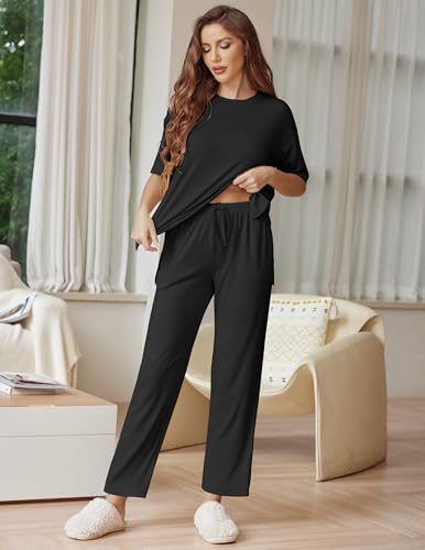Ekouaer Lounge Sets for Women Soft Comfy Pajama Set 2 Piece Outfits - color: Black, size: XX-Large