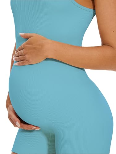 BDITANLE Maternity Workout Romper Pregnancy Yoga Ribbed One Piece Seamless Tank Top Jumpsuit - color: 011light Blue, size: Small