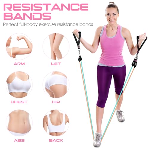 Resistance Bands with Handles, 5 Level Exercise Bands, 150LBS Workout Bands - color: ‎Light yellow, Khaki, Blue, Green, Navy blue, size: 51.0 inch