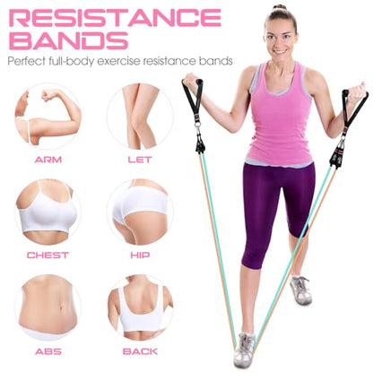 Resistance Bands with Handles, 5 Level Exercise Bands, 150LBS Workout Bands - color: ‎Light yellow, Khaki, Blue, Green, Navy blue, size: 51.0 inch
