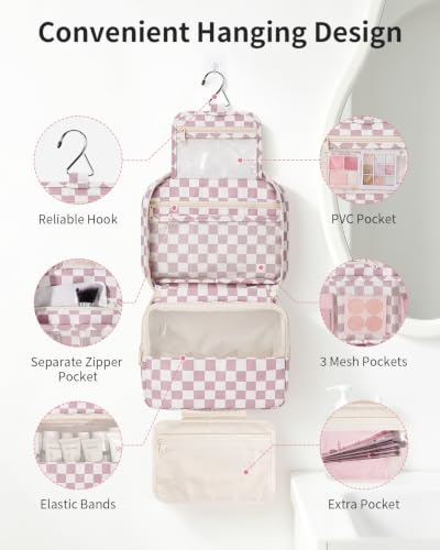 Narwey Hanging Travel Toiletry Bag for Women, Large Makeup Cosmetic Bag - color: A-Dusty Pink Checkerboard