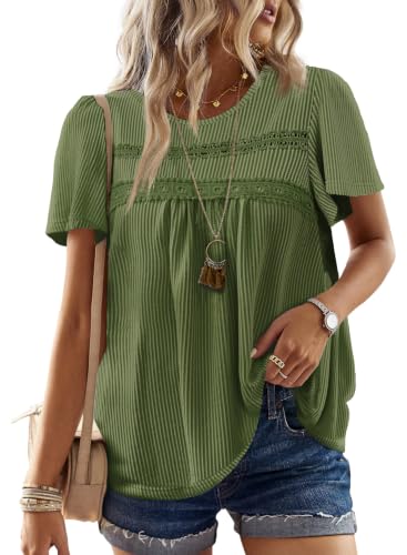 Falechay Womens Tops Boho Ribbed Flowy Stretchy Crochet Short Sleeve Shirts - color: Green, size: Small