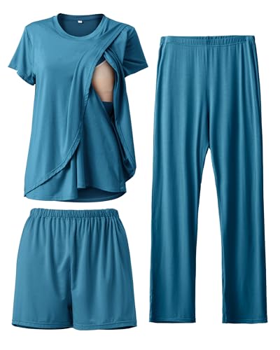 Rnxrbb 3 Piece Postpartum Nursing Pajamas Set Maternity Breastfeeding Pjs - color: Deep Blue, size: Large