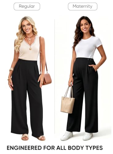 BLENCOT Maternity Pants Work Waffle Knit Wide Leg Pregnancy Trousers - color: Black, size: Medium